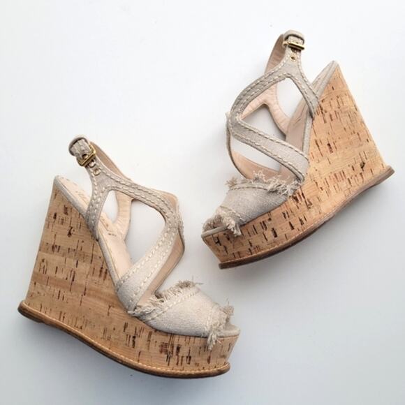 Prada Cream Jute Cork Wedge Sandals Size 39 size 8 - Picture 1 of 9